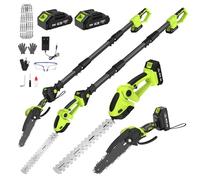 Taille Haie et Tronçonneuse Télescopique, 4 en 1 Électrique Taille Haie | 6" sans Fil avec Perche, 4 Chaînes 2 Batteries 4,0 mAh, Angle 90° et 135° Réglable, Idéal Jardin Verger Élagage/Taille Haie