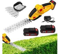 Taille-Haie sans Fil 24V, Cisaille À Gazon 2-en-1 avec 2 Batteries 2000 mAh Et Chargeur, Taille-Arbustes Et Coupe-Bordure, Portable 20 000 TR/Min avec 2 Lames, pour Jardin Et Pelouse (Jaune)