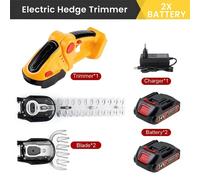 Taille-haie sans fil - Sécateur électrique 2-en-1 - Manuel - Lame double tranchant - 2 batteries - Pour haies et arbustes - Jaune