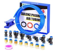 TAILONZ Bleu 8mm DE 5mm DI PU Tuyau Pneumatique & Raccords Kit, 10M | Raccords Rapides Tuyau, Conception Anti-Fuite, Haute Flexibilité, Installation Facile pour Compresseur d'Air Système