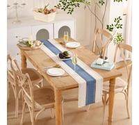 TAIOYHD Chemin De Table Rayé Bleu Blanc Aspect Crochet | Décoration De Table Style Maison De Campagne Style Bohème Table À Manger Cuisine Fête De Mariage(30*160cm)