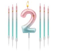 TAIXING Lot de 2 bougies d'anniversaire en forme de chiffre 2 - Dégradé de couleur 3D - Pour enfants, garçons et filles - Rose et bleu dégradé