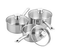 Tala Batterie de cuisine Performance 3 pièces en acier inoxydable avec couvercles en verre 16 18 20 cm Fabriqué au Portugal Tous feux dont induction poli brillant