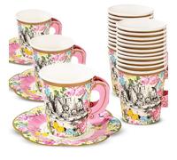 Talking Tables 12 Tasses à Thé et Soucoupes en Papier Jetables Alice au Pays des Merveilles, Décoration Fête des Mères, Goûter, 170ml