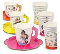 Talking Tables 12x Tasses à Thé Jetables & Soucoupes Alice au Pays des Merveilles - Fête des Mères, Thé de l'Après-Midi, Chapelier Fou, Pâques, Anniversaire - 170ml