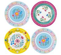 Talking Tables 24x Assiettes en Papier Fleuries Boho - Vaisselle Jetable Anniversaire Enfant, Thème Hawaïen, BBQ & Pique-nique - 23 cm, Rose Bleu Jaune