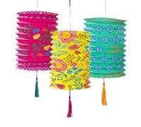 Talking Tables 3 x Lanternes Chinoises en Papier Boho avec Pompons | Décorations Suspendues Rose, Jaune & Bleu pour Anniversaire, Fête de Jardin & Fiesta