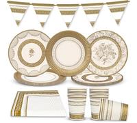 Talking Tables Décorations de fête dorées pour 16 personnes, banderoles, assiettes en papier, serviettes jetables, tasses, service de table pour Noël, anniversaire d'or, mariage, thé de l'après-midi