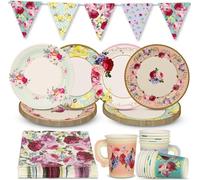 Talking Tables Ensemble de vaisselle florale et décorations vintage pour 16 invités | Assiettes et serviettes en carton, tasses à thé, fanions et nappe | Pour anniversaire, fête des mères, fête
