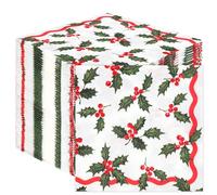 Talking Tables Lot de 100 serviettes de Noël jetables en papier avec houx et baies - Décorations de table festives pour la famille Rouge et blanc et vert 2 plis 33 cm