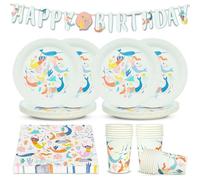 Talking Tables Lot de 50 décorations de fête et de vaisselle en forme de sirène comprenant des fanions réutilisables Happy Birthday, 16 serviettes, tasses, assiettes en carton, nappe jetable sous