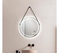 Talos Miroir de Salle de Bain LED Rond CORVIA Shine en Noir Mat Ø50 cm - Miroir Rond avec Sangle en Similicuir de Haute qualité - adapté aux pièces humides grâce au Cadre en Aluminium