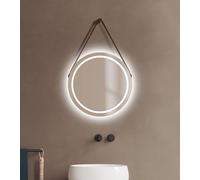 Talos Miroir de Salle de Bain LED Rond CORVIA Shine en Or Mat Ø50 cm - Miroir Rond avec Sangle en Similicuir de Haute qualité - adapté aux pièces humides grâce au Cadre en Aluminium