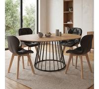 IDMarket - Ensemble Table à Manger Extensible Ronde Yuna Plateau Bois et Pied Filaire en métal 110-150 cm et 4 chaises ROBINE en PU Noires