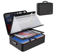 Tamfile Boîte à documents ignifuge avec serrure et 8 poches en accordéon A4, boîte de rangement portable avec étiquettes pour passeports, certificats et objets de valeur, noir