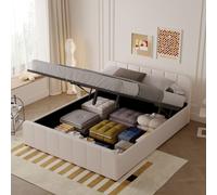 Concept Usine - Lit coffre TAMPA 140x190 cm velours beige, tête rembourrée, sommier inclus