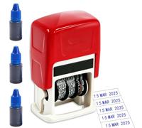 Tampon Dateur Manuel avec Encre Bleue, Format DD.MM.YYYY, Mini Tampon Encreur pour Bureau et Marquage d'Œufs, Inclus 3 Recharges d'Encre de 10ml, Coque Rouge Ergonomique
