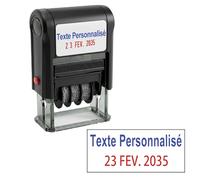 Tampon Dateur Personnalisable 5mm x 30mm - Version en langue française, encrage automatique, Date rouge & Texte bleu, Cartouche d’encre remplaçable