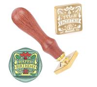 Tampon de cire carré à cacheter Happy Birthday - Tampon à cacheter en laiton amovible avec poignée en bois pour invitations de mariage, enveloppes, emballage cadeau, carnets, cartes postales