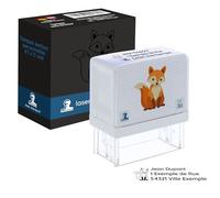 Tampon enfant Renard personnalisé avec nom et texte, 47 x 17 mm | Tampon auto-encreur enfant avec motif Renard et texte au choix - pour cahiers, livres et affaires de l'école