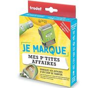 Tampon Trodat "Je Marque Mes P'tites Affaires" à personnaliser- Marquez les affaires de vos enfants avec un tampon personnalisable - Cassette d'encre textile, étiquettes, bande thermocollante incluses