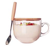 TAMUME 470ml Coupe en Verre Micro-ondes avec Couvercle en Bois, Comprend une Cuillère avec Manche en Bois, Tasse à Café en Verre et Tasse à Thé