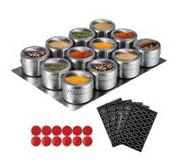 Tanice Lot de 12 Pots à Épices magnétiques en Acier Inoxydable Transparent avec 1 Plateau, 5 Feuilles d'Étiquettes à Épices et 12 Adhésifs pour la Cuisine