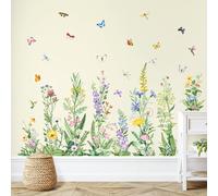 Tanlaby Autocollants Muraux Fleurs Stickers Muraux Fleurs Sauvages Herbes | Printemps été Papillons Sticker Mural Plant Décoration Murale à Décoller et Coller pour Salon Cuisine Chambre à Coucher
