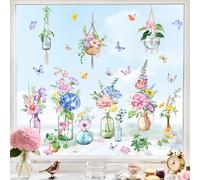 Tanlaby Stickers Fenêtre Fleur Printemps-été avec Papillons Autocollants Fenêtre Fleur Vase Statiques Anti-collision pour Décoration Portes Vitrées Maison