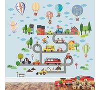 Tanlaby Stickers Mural Route Voiture Autocollant Muraux de Transport Urbain Ballon à air Chaud AutocollantSticker Voiture pour Enfants Pépinière Chambre à Coucher Jeux Salon coration Murale