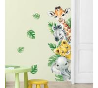Tanlaby Stickers Muraux Animaux Jungle Autocollants Muraux Animal de Dessin Animé Sticker Mural Girafe Zèbre Feuilles Vertes pour Chambre Bébé Pépinière D'enfant Décor Murale, Droite