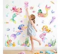 Tanlaby Stickers Muraux Enfants Sirène Autocollants Muraux Océan Poissons Animaux Océan Sous la Mer avec Pieuvre Algue Marine Sticker Murale pour Enfant Nursery Bébé Salle de Bain Décor Chambre