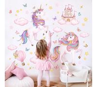 Tanlaby Stickers Muraux Licorne Autocollants Muraux Château Licorne avec Papillons Nuages étoiles Sticker Mural à Décoller et Coller pour Chambre de Bébé Chambre de Fille Décoration de Crèche