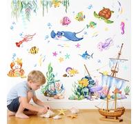 Tanlaby Stickers Muraux Océan Poissons Autocollants Muraux Animaux Ocean | Sous la Mer avec Pieuvre Tortue Algue Marine Sticker Murale pour Enfant Nursery Bébé Salle de Bain Décoration Chambre