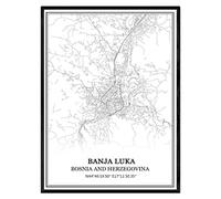 TANOKCRS Banja Luka Bosnie Herzégovine Carte Art mural Toile Imprimer Affiche Sans cadre Moderne Noir et blanc Souvenir Cadeau Décoration de maison -11x14 inches