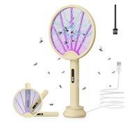 Tapette à mouches électrique 3 en 1 pliable - 3500 V - Ultra puissante - Piège à mouches - Lampe UV - Base de charge amovible(jaune)