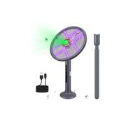 Tapette à mouches rechargeable avec perche d'extension et socle | Tête de raquette rotative, alimentation de type C, mode lumière violette, maille protectrice, poignée longue portée