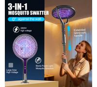 Tapette à moustiques électrique extensible et rotative, tueur de moustiques rechargeable monté au mur avec batterie lithium, manche allongé/filet rotatif pour une couverture plus large, attraction aut