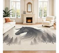 Tapis 140 x 200 cm, Élégant Forêt Et Décoration D'Intérieur, Paillasson Cheval Noir Blanc Pins Arbres Beige Clair Animal Naturel pour Salon, Tapis D'Intérieur Lavable Et Antidérapant À Poils Ras