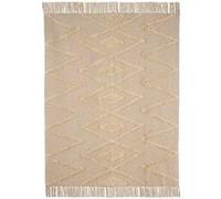 Tapis à franges avec pompons tissage plat imprimé moquette en coton coloris naturel - Longueur 160 x Profondeur 130 cm -JUANIO- Bois G