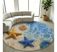 Tapis à Poils Courts Rond 160 cm Méditerranéen Étoile Mer Coquillage, Tapis Lavable Doux Antidérapant et Résistant aux UV pour Descente de lit Chambre Adulte Fille Enfant Salon Cuisine Decoration