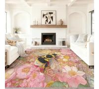 Tapis Abeilles Rayon Miel Fleurs pour Salon 60 x 110 cm, Ras Court Doux Lavable en Machine et Antidérapant Aquarelle Fantaisie Chambre Tapis, Coloré