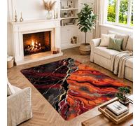 Tapis abstrait en marbre liquide avec tourbillons d'automne 1,2 x 1,8 m | Motifs liquides abstraits, palette orange brûlé et noir, accents d'intérieur modernes, décoration d'entrée saisonnière