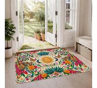 Tapis bohème bohème motif soleil céleste et colibri 0,6 x 0,9 m | Art bohème, imprimé colibri et floral, accents d'instruments de musique, palette de couleurs vives, décoration d'entrée