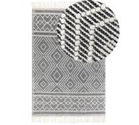 Tapis Boho Motif Géométrique et Frange 160 x 230 cm en Laine Blanc et Noir Savu