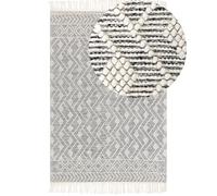 Tapis Boho Motif Géométrique et Frange 160 x 230 cm en Laine Noir et Blanc Kavak