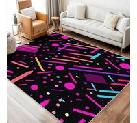 Tapis Carré Memphis Salon 100x100 cm Motif Année 70 Retro Géométrique Ligne Pois Noir Rose, Tapis Lavable Antidérapant Doux Poil Court, Decoration Chambre Descente De Lit Carpet