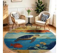 Tapis Chambre Enfant Fille Garçon Rond Ø 100 cm Animaux Marins Tapis de Sol Décoration Antidérapant - Doux Rampant pour Salon Table Basse Table de chevet, Tortue Marine Corail Poisson Tropical Récif