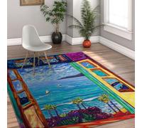 Tapis coloré Peinture Huile Tapis décors Bord mer 60x90 | Tapis antidérapants lavables salon Décoration bleu vue océan Tapis Tapis célèbres motif peinture