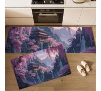 Tapis Cuisine Devant Evier, Pavillon Cerisiers Fleurs Tapis de Cuisine Antidérapant et Lavable, Anime Japonais Tapis de Couloir pour Manger, Buanderie, Chambre, Passage - 43x75cm+43x150cm, Rose
